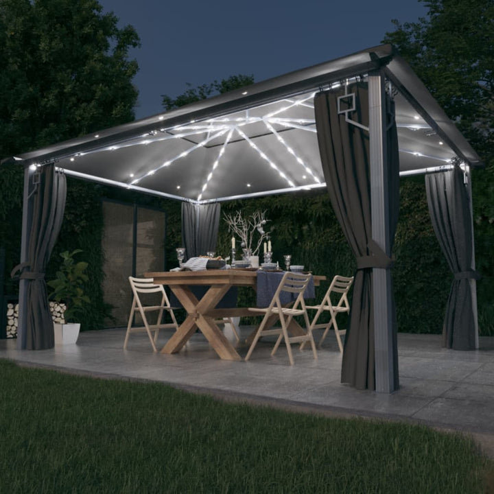 Pavilion Cu Perdele & Șiruri Lumini Led, , 3X3 M, Aluminiu