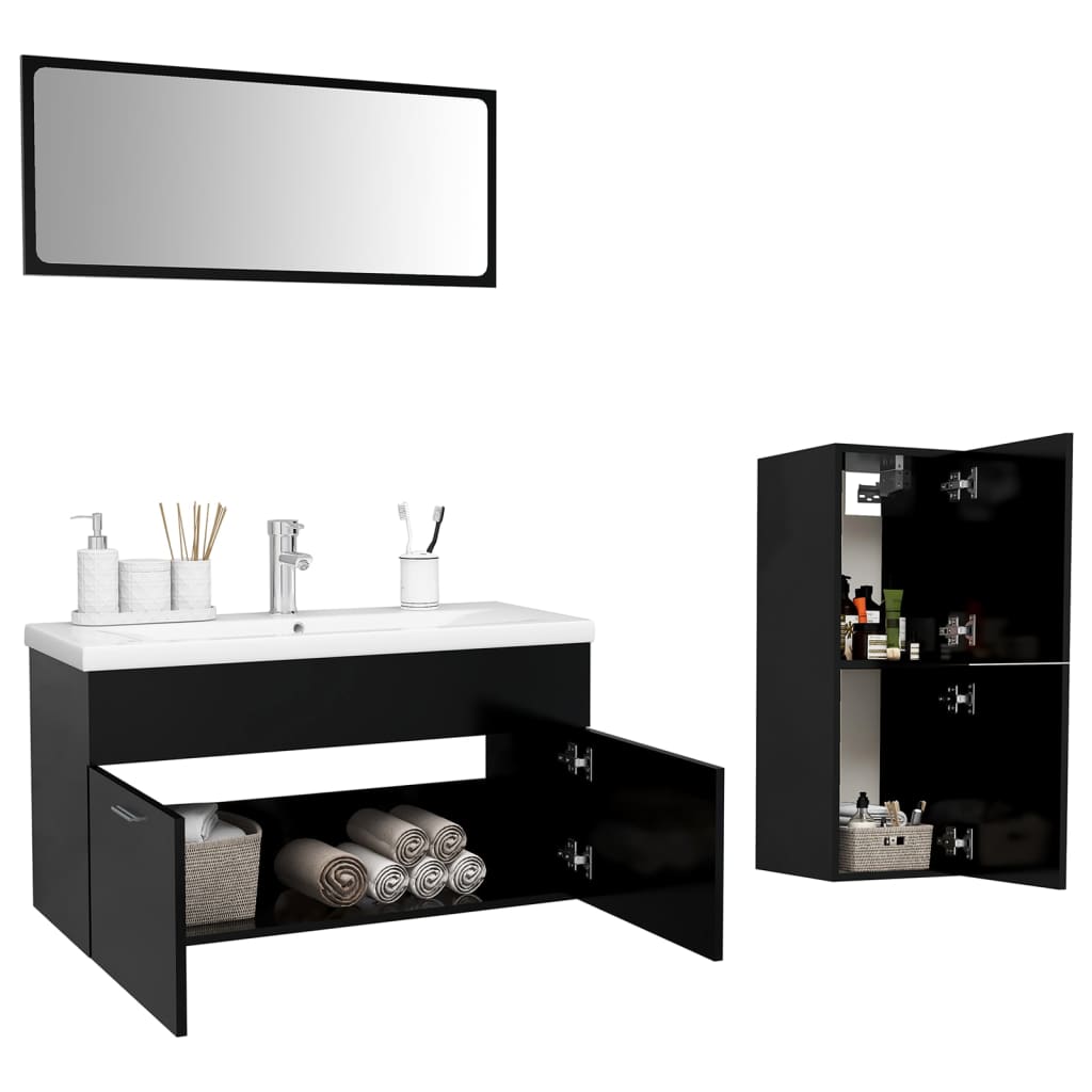 Set Mobilier De Baie, , Lemn Prelucrat Negru