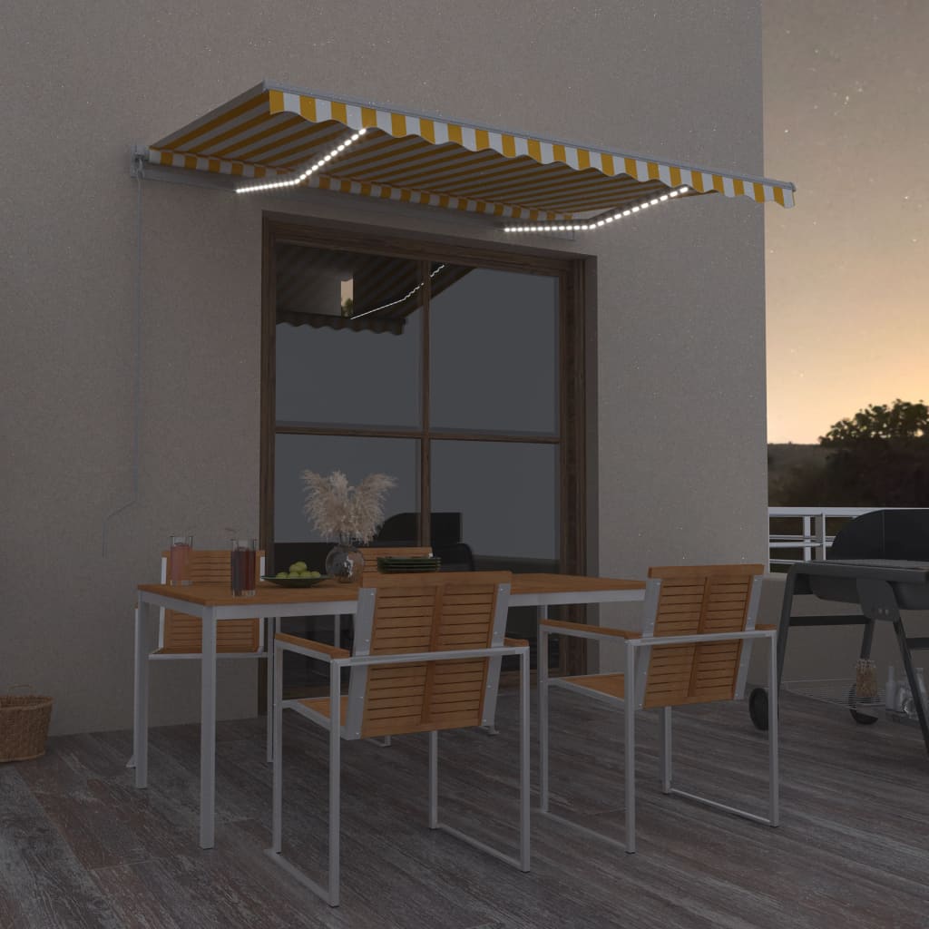 Copertină Retractabilă Manual Cu Led, Albastru/Alb,