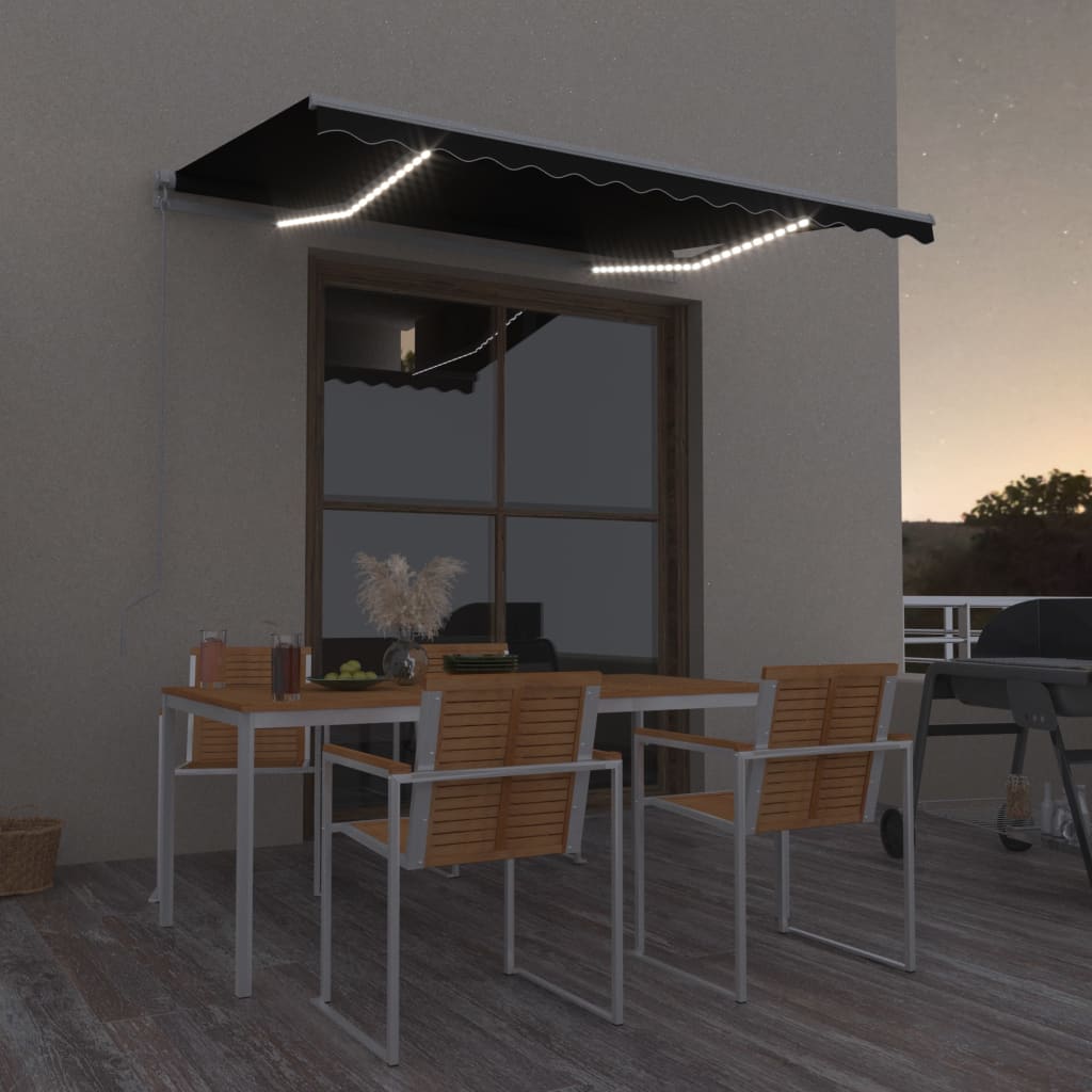Copertină Retractabilă Manual Cu Led, Albastru/Alb,