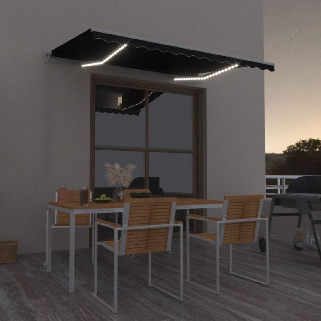 Copertină Retractabilă Manual Cu Led, Albastru/Alb,