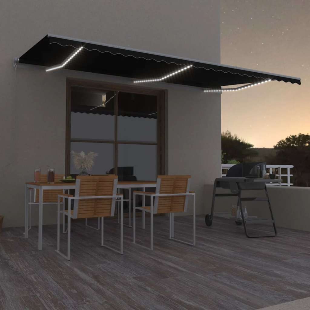 Copertină Retractabilă Manual Cu Led, Albastru/Alb,