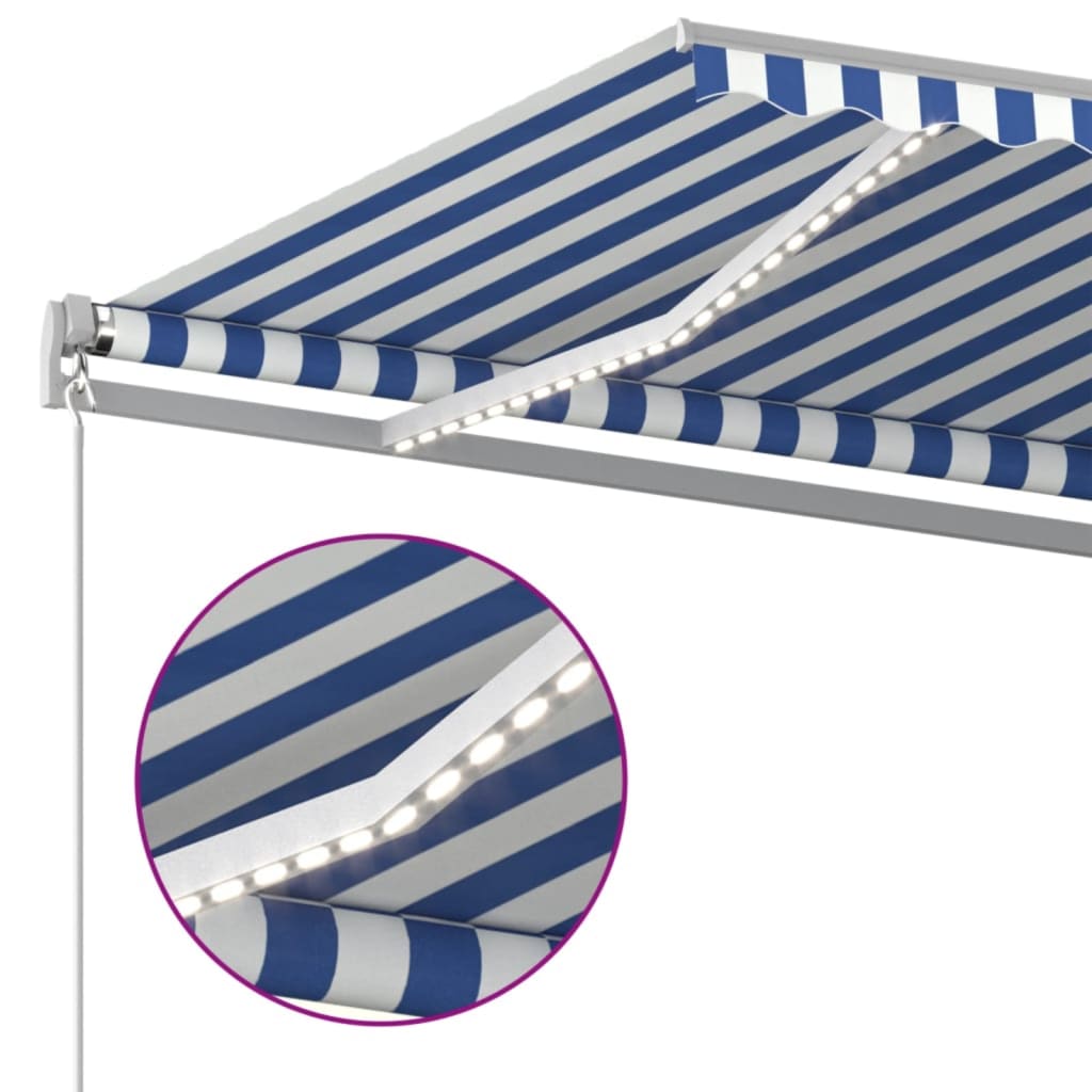 Copertină Retractabilă Manual Cu Led, Albastru/Alb,