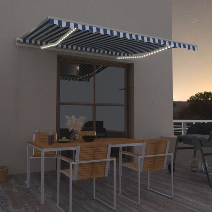 Copertină Retractabilă Manual Cu Led, Albastru/Alb,