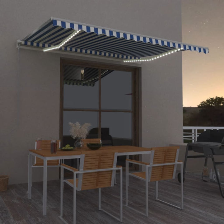 Copertină Retractabilă Manual Cu Led, Albastru/Alb,