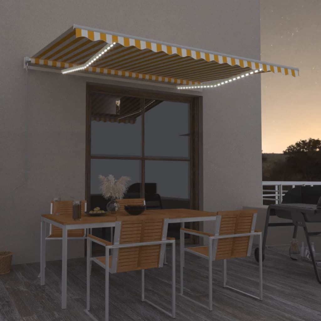 Copertină Retractabilă Manual Cu Led, Albastru/Alb,