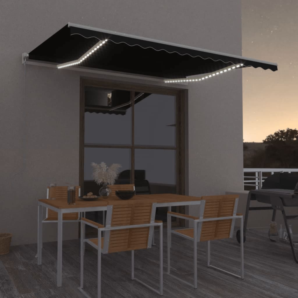 Copertină Retractabilă Manual Cu Led, Albastru/Alb,