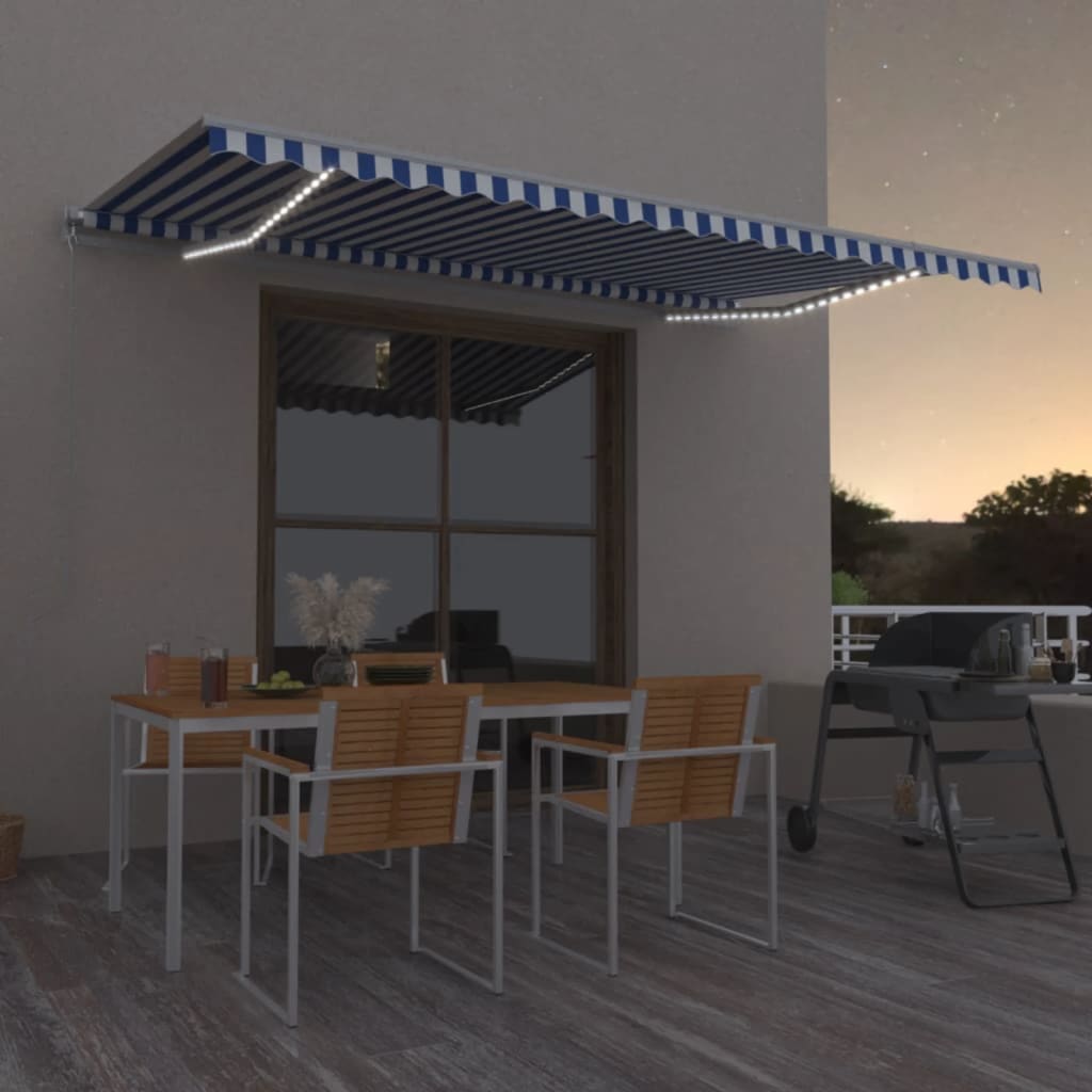 Copertină Retractabilă Manual Cu Led, Albastru/Alb,