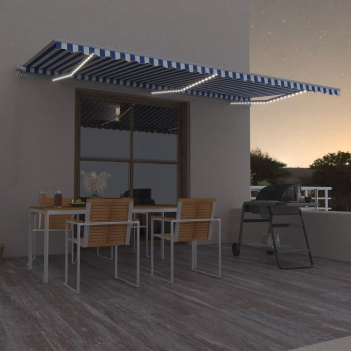 Copertină Retractabilă Manual Cu Led, Albastru/Alb,
