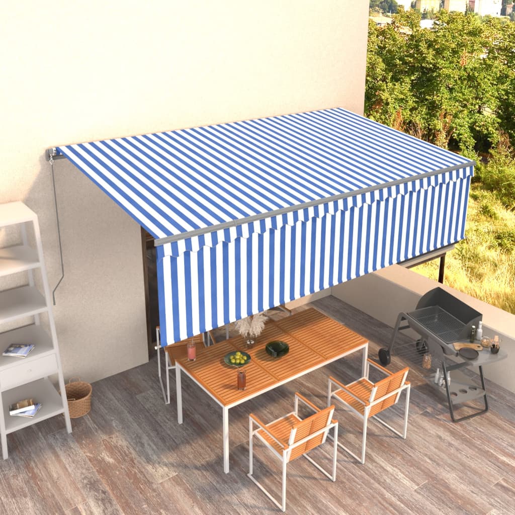 Copertină Retractabilă Manual Cu Stor, Albastru & Alb,