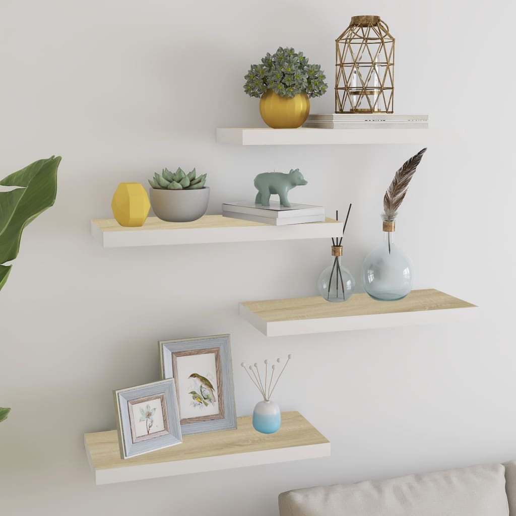 Rafturi Perete Suspendate 4 Buc. Alb/Stejar 60X23,5X3,8 Cm Mdf Culoarea Stejarului Și Alb