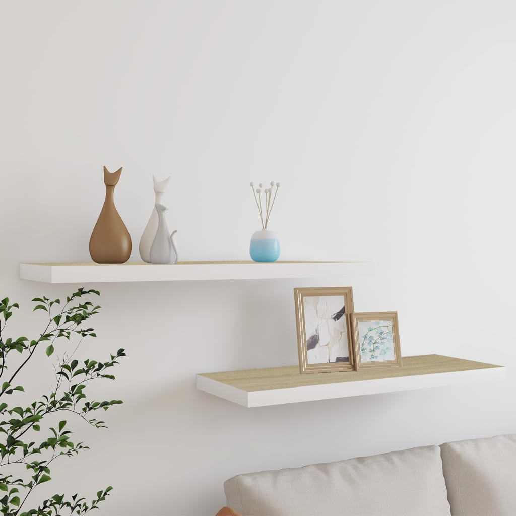 Rafturi Perete Suspendate 2 Buc. Stejar/Alb 80X23,5X3,8 Cm, Mdf Culoarea Stejarului Și Alb