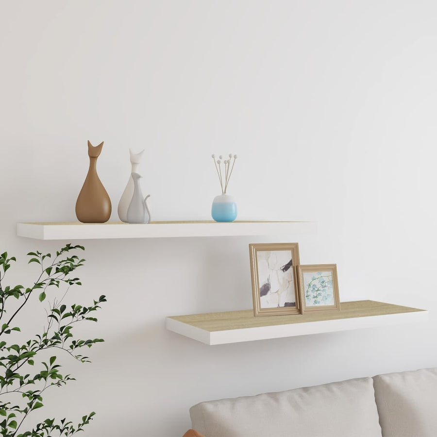 Rafturi Perete Suspendate 2 Buc. Stejar/Alb 80X23,5X3,8 Cm, Mdf Culoarea Stejarului Și Alb