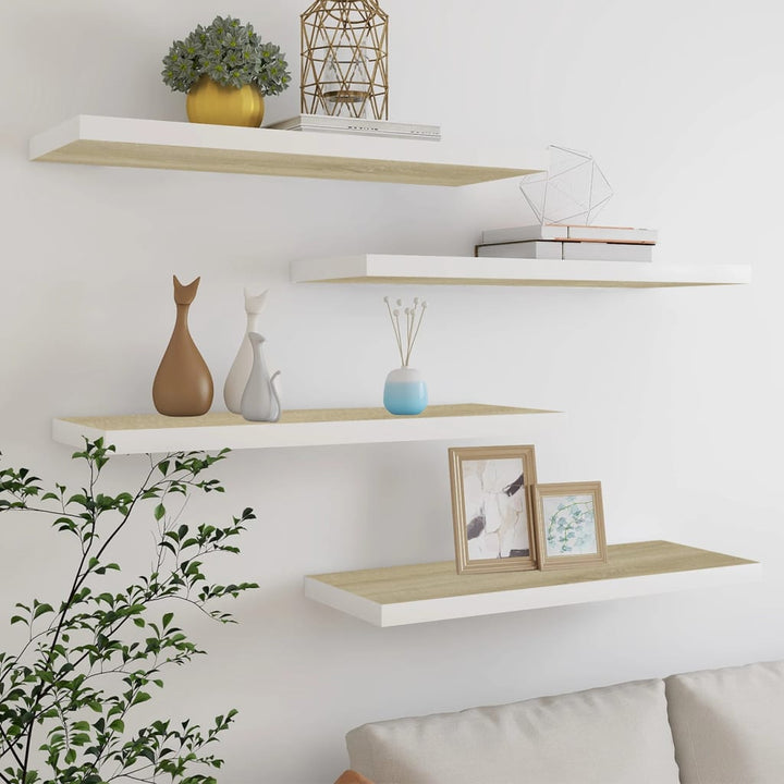 Rafturi Perete Suspendate 4 Buc. Stejar/Alb 80X23,5X3,8 Cm, Mdf Culoarea Stejarului Și Alb