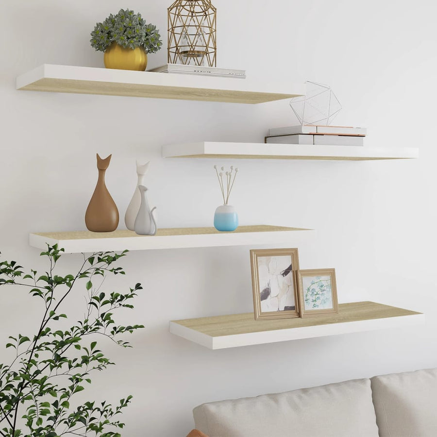 Rafturi Perete Suspendate 4 Buc. Stejar/Alb 80X23,5X3,8 Cm, Mdf Culoarea Stejarului Și Alb