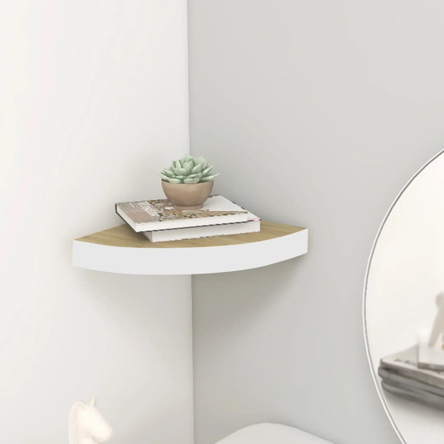 Raft De Perete De Colț, Stejar Și Alb, 25X25X3,8 Cm, Mdf Culoarea Stejarului Și Alb