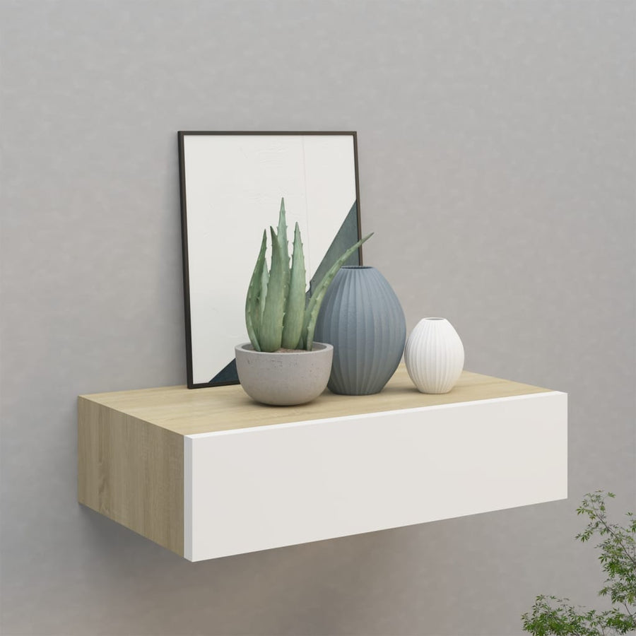Dulap De Perete Cu Sertar, Alb Și Stejar, 40X23,5X10 Cm, Mdf Culoarea Stejarului Și Alb