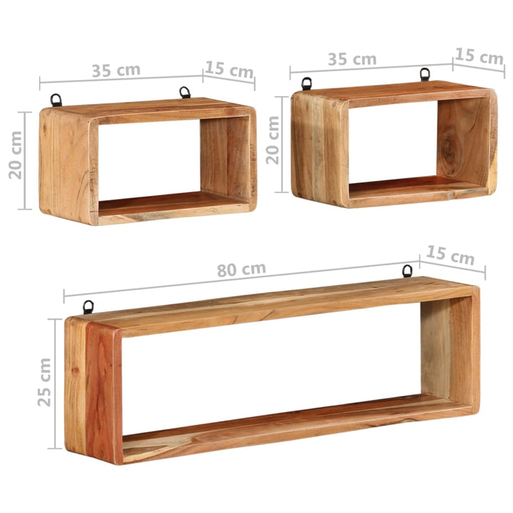 Set Rafturi De Perete Cub, 3 Piese, Lemn Masiv Acacia