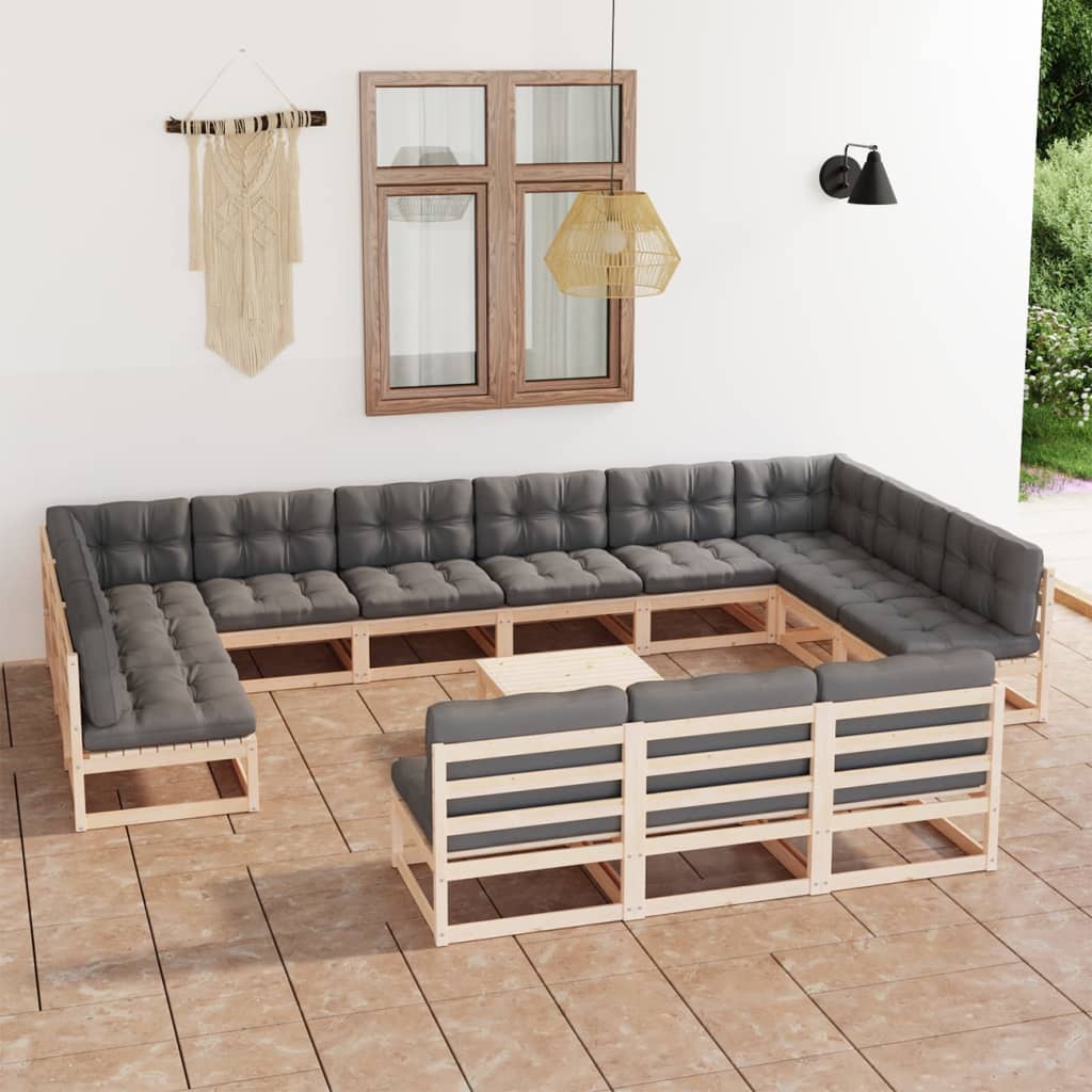 Vixl Set Mobilier Grădină Cu Perne, 14 Piese, Maro, Lemn Masiv Pin
