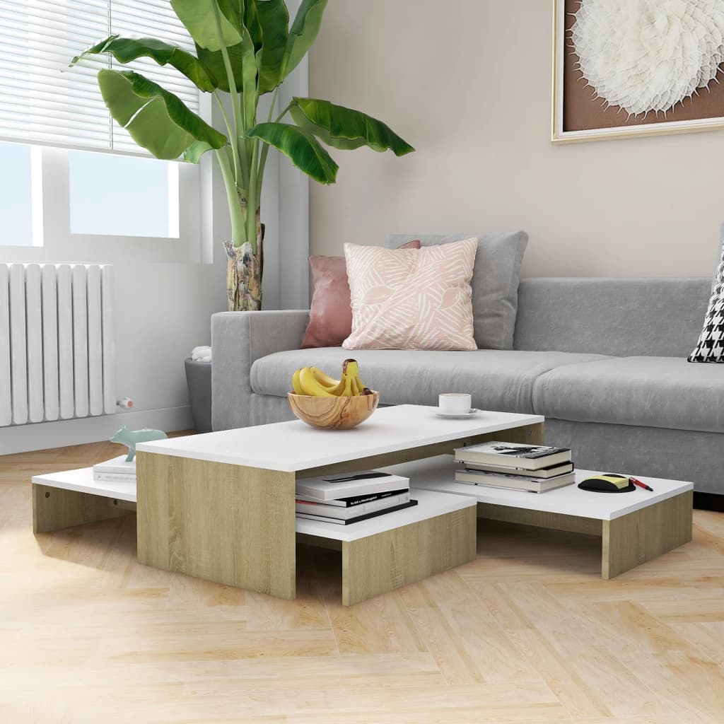 Set Măsuțe Cafea Suprapuse, Alb&Stejar Sonoma, 100X100X26,5 Cm