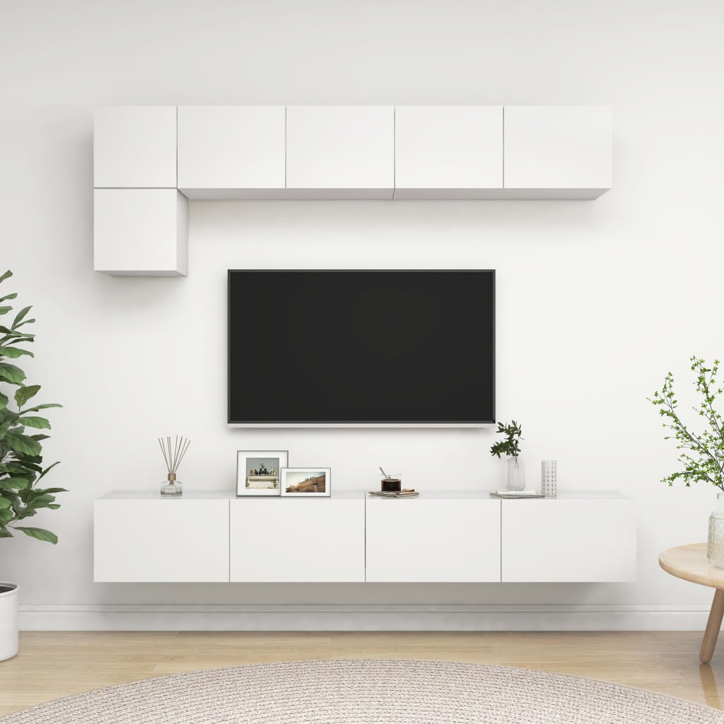 Set De Dulapuri Tv, 5 Piese, Alb Extralucios, Lemn Prelucrat
