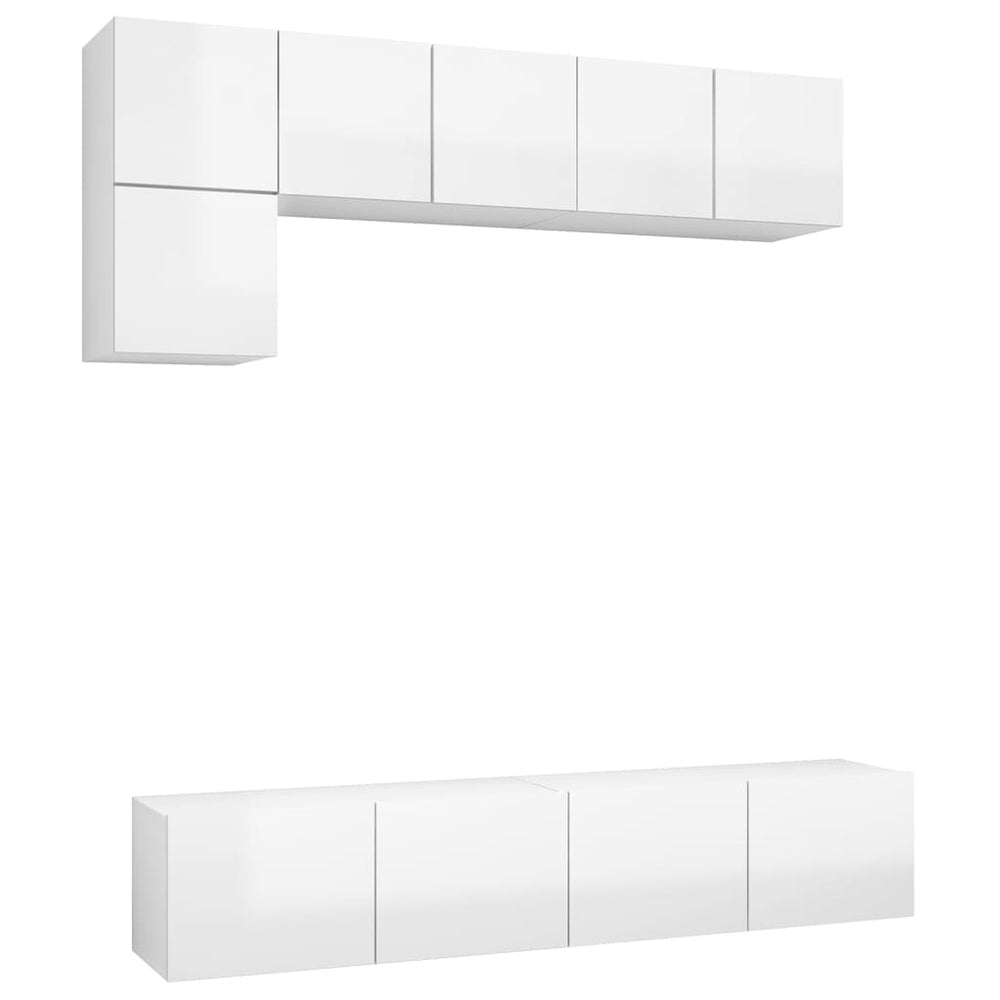 Set De Dulapuri Tv, 5 Piese, Alb Extralucios, Lemn Prelucrat