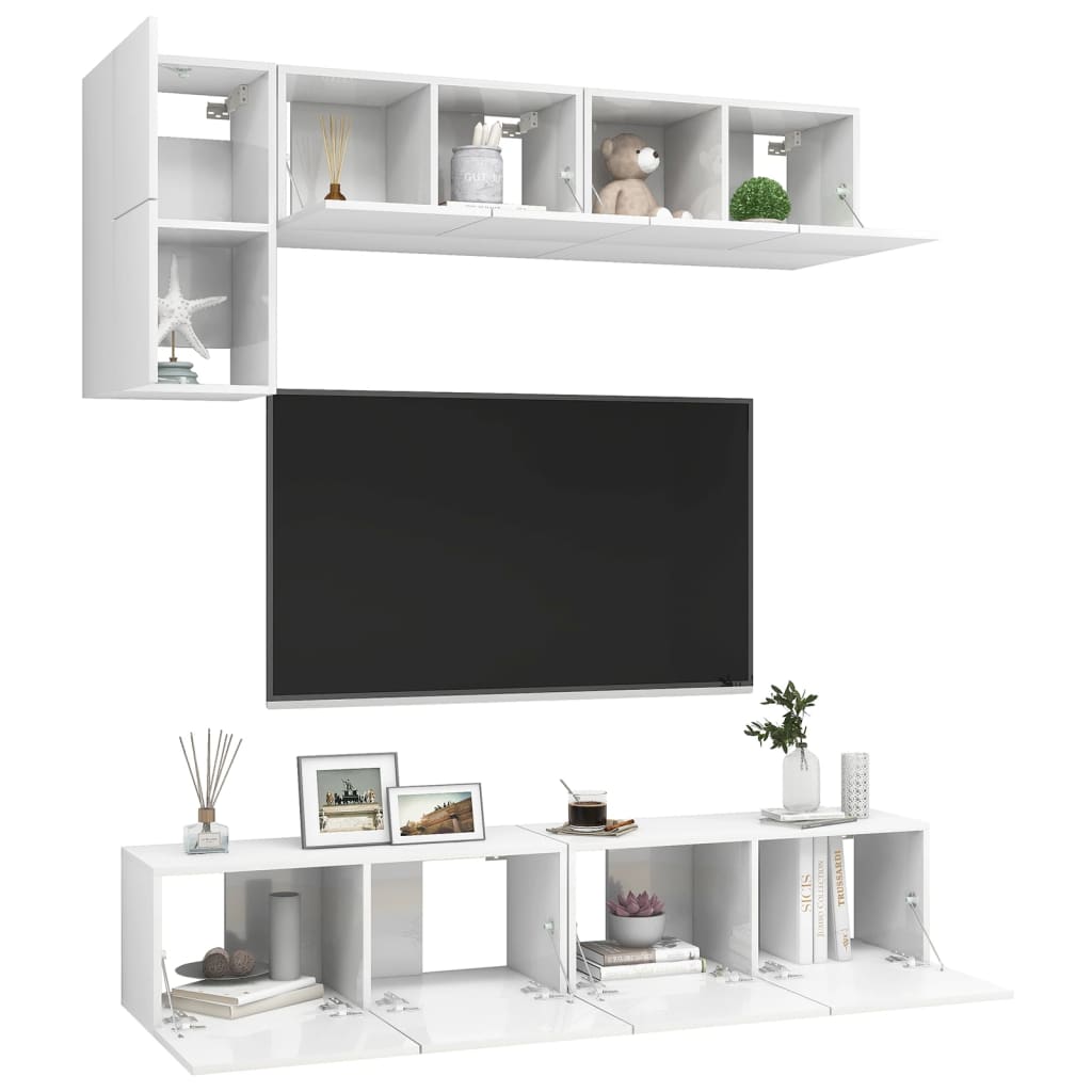 Set De Dulapuri Tv, 5 Piese, Alb Extralucios, Lemn Prelucrat