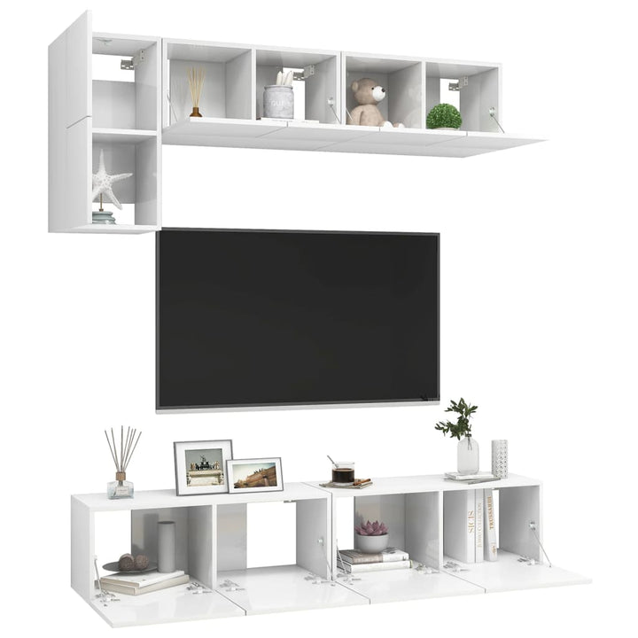 Set De Dulapuri Tv, 5 Piese, Alb Extralucios, Lemn Prelucrat