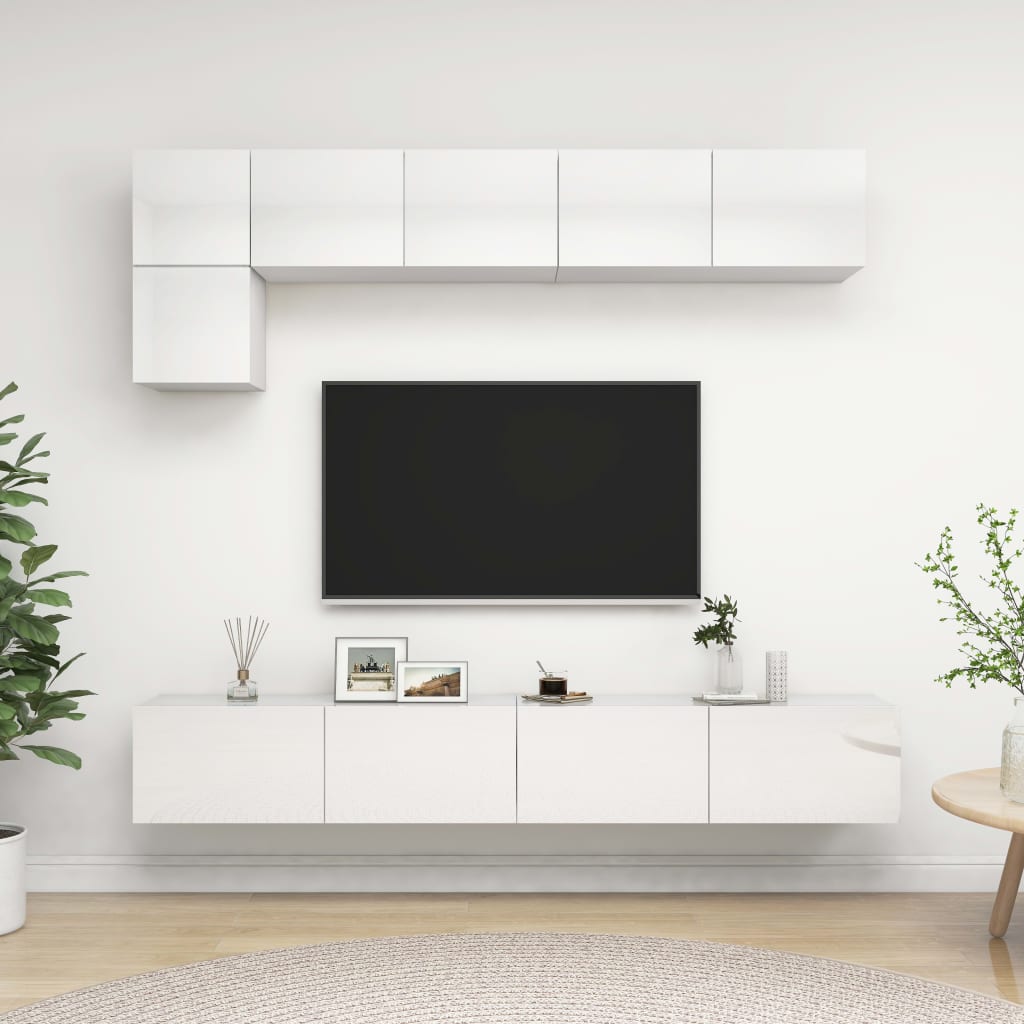 Set De Dulapuri Tv, 5 Piese, Alb Extralucios, Lemn Prelucrat