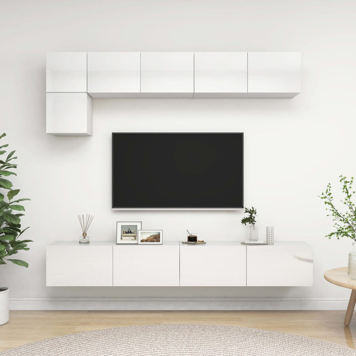 Set De Dulapuri Tv, 5 Piese, Alb Extralucios, Lemn Prelucrat