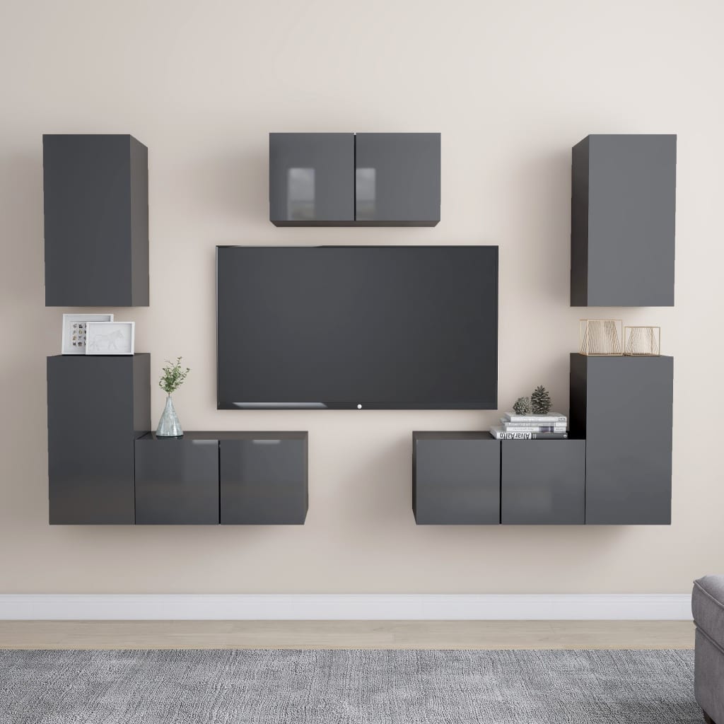 Set De Dulapuri Tv, 7 Piese, , Lemn Prelucrat