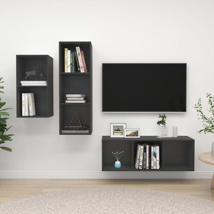 Set De Dulapuri Tv, 3 Piese, Negru Extralucios, Lemn Prelucrat