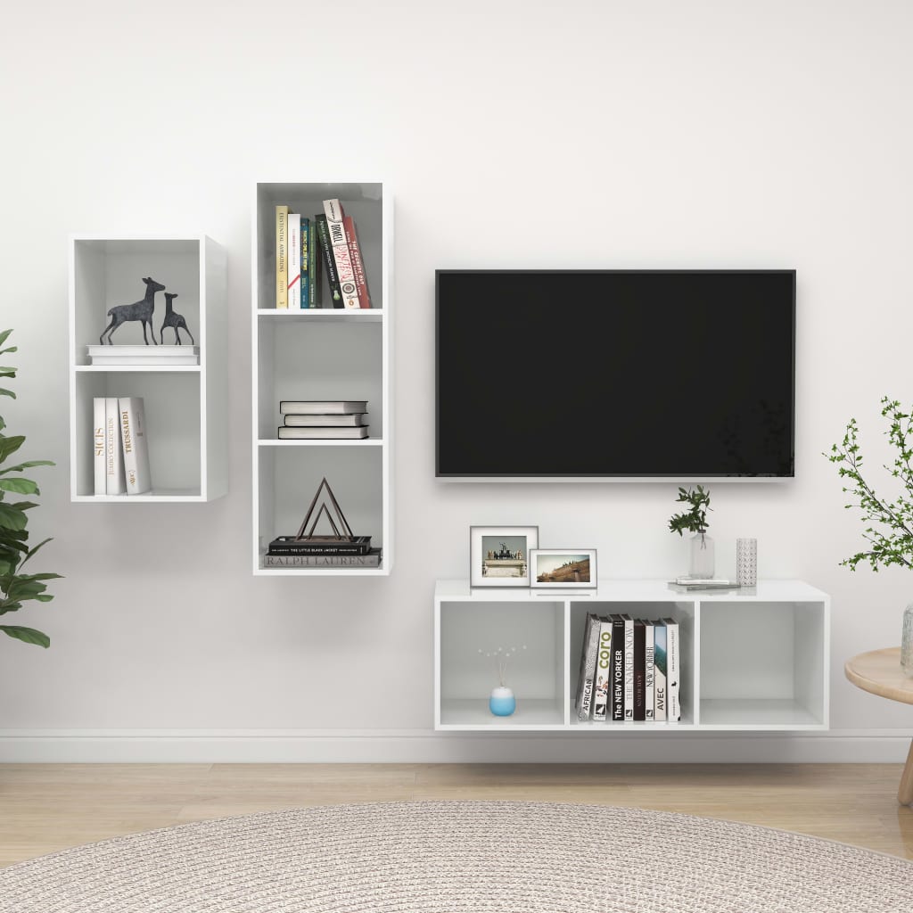 Set De Dulapuri Tv, 3 Piese, Negru Extralucios, Lemn Prelucrat