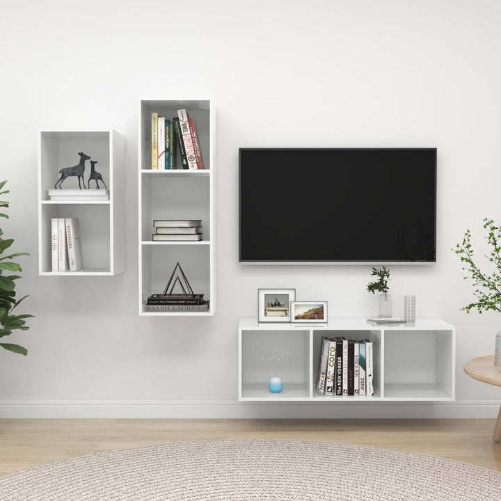 Set De Dulapuri Tv, 3 Piese, Negru Extralucios, Lemn Prelucrat