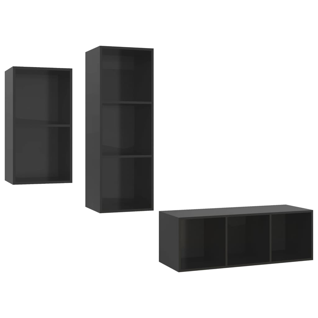 Set De Dulapuri Tv, 3 Piese, Negru Extralucios, Lemn Prelucrat