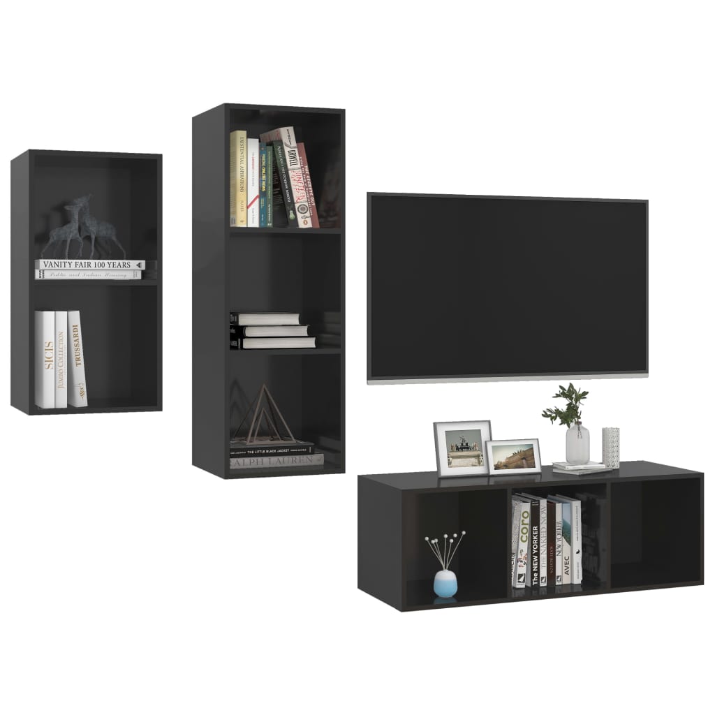 Set De Dulapuri Tv, 3 Piese, Negru Extralucios, Lemn Prelucrat
