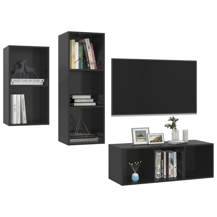 Set De Dulapuri Tv, 3 Piese, Negru Extralucios, Lemn Prelucrat