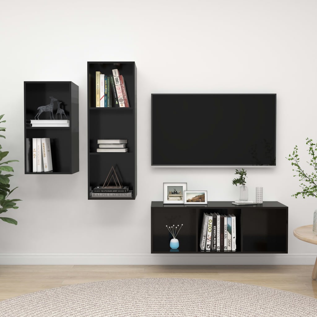 Set De Dulapuri Tv, 3 Piese, Negru Extralucios, Lemn Prelucrat