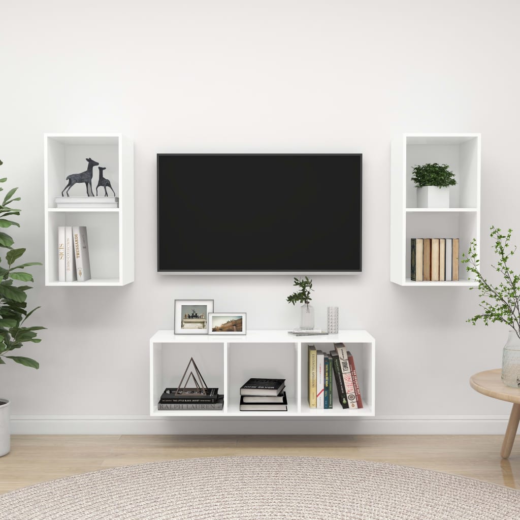Set De Dulap Tv, 3 Piese, Alb Extralucios, Lemn Prelucrat