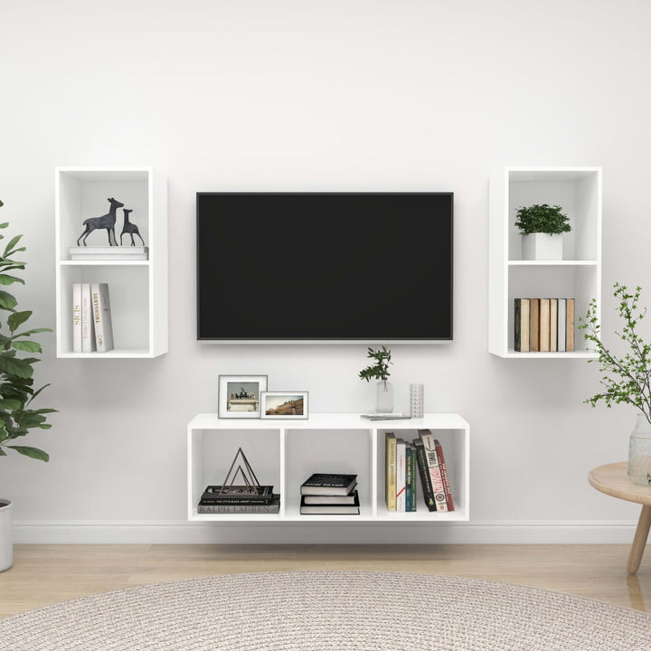 Set De Dulap Tv, 3 Piese, Alb Extralucios, Lemn Prelucrat