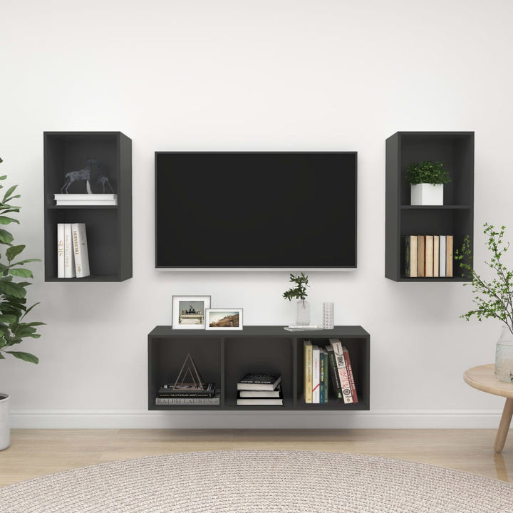 Set De Dulap Tv, 3 Piese, Alb Extralucios, Lemn Prelucrat