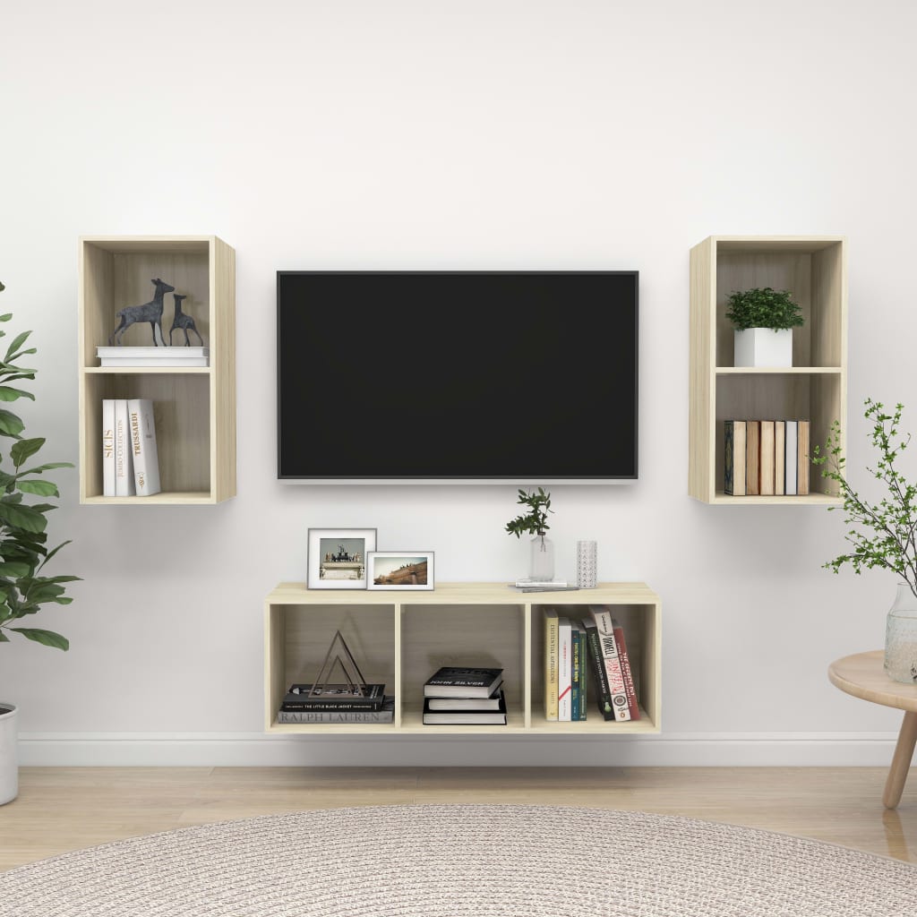 Set De Dulap Tv, 3 Piese, Alb Extralucios, Lemn Prelucrat