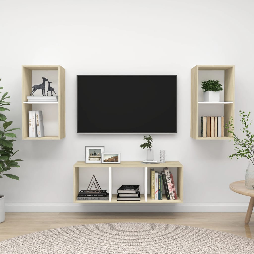 Set De Dulap Tv, 3 Piese, Alb Extralucios, Lemn Prelucrat