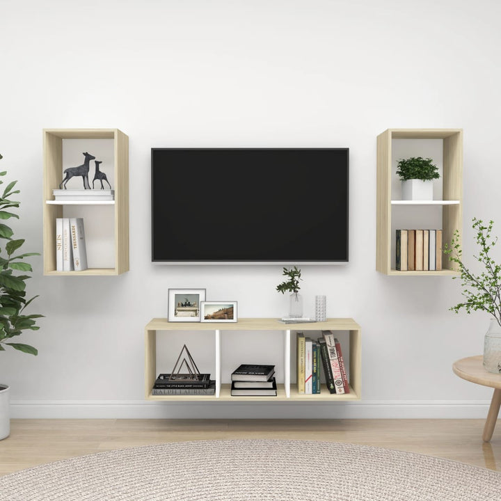 Set De Dulap Tv, 3 Piese, Alb Extralucios, Lemn Prelucrat