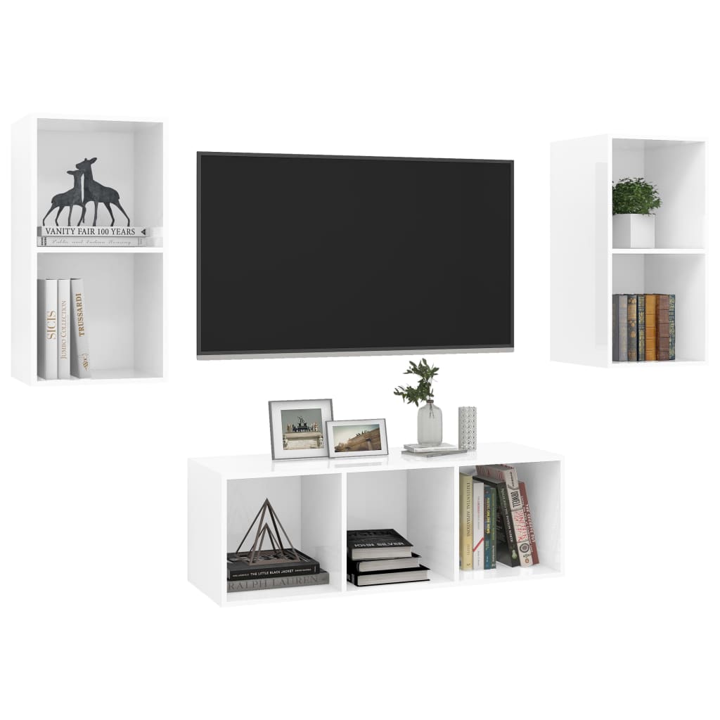Set De Dulap Tv, 3 Piese, Alb Extralucios, Lemn Prelucrat
