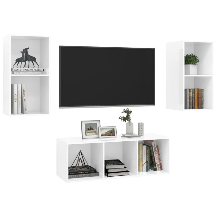 Set De Dulap Tv, 3 Piese, Alb Extralucios, Lemn Prelucrat