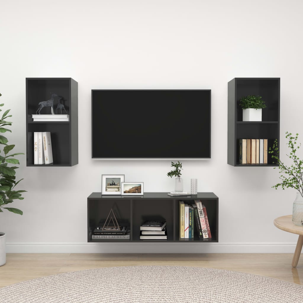 Set De Dulap Tv, 3 Piese, Alb Extralucios, Lemn Prelucrat