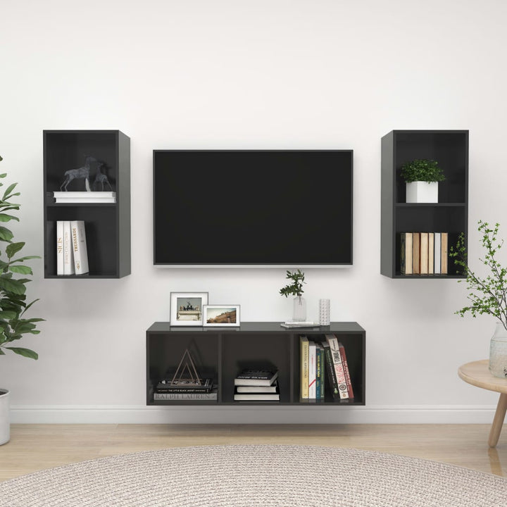 Set De Dulap Tv, 3 Piese, Alb Extralucios, Lemn Prelucrat