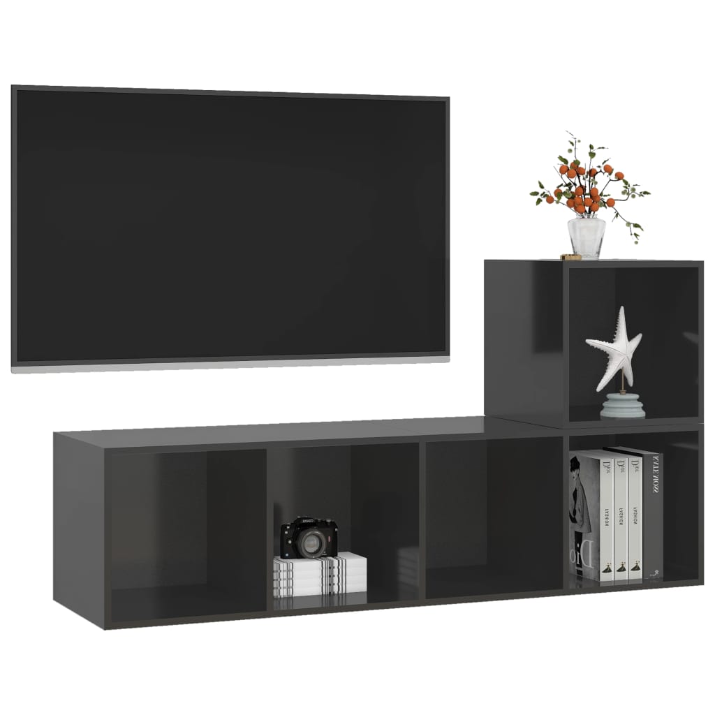 Set Dulapuri Tv, 2 Piese, Gri Extralucios, Lemn Prelucrat