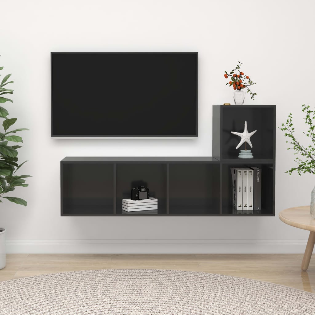 Set Dulapuri Tv, 2 Piese, Gri Extralucios, Lemn Prelucrat
